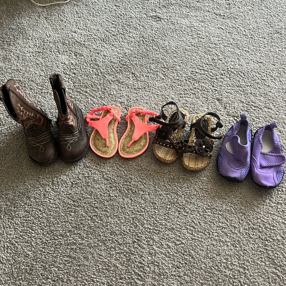 Four pair of Toddler Size 5 shoes—boots, sandals, water shoes